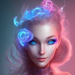 portrait, visage sourire, magicien, grands yeux bleus, fantasy, bleu et rose