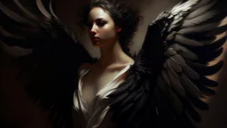 Beautiful woman with dark angel wings by roberto ferri, dreamy lighting neoclassical aesthetic