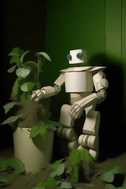 rollerflex photograph 1950s, dusty, robot made from toilet paper and infected with ivy, 4k, no mess,
