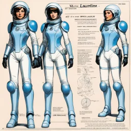 character concept sheet with AD&D statistics and characteristics for the TTPRG "Valerian and Laureline", [illustration by Jean-Claude Mézières (1967)] spacio-temporal agent Lyra Vey (female human), in spacesuit, ready on trade