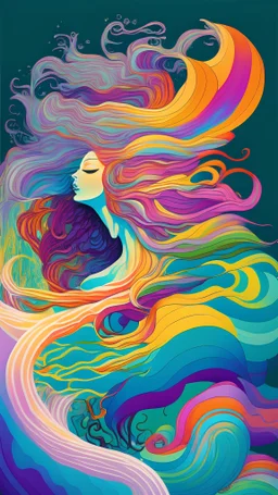 flowing Hair mermaid underwater style of erte rainbow