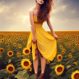 woman standing in sunflower field, back, windy, long brown hair, yellow dress