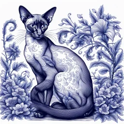 detailed Toile De Jouy style Oriental shorthair Siamese cat sitting in a garden. done in blue on white background