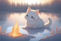 Against a dark cracked holographic marble background, a cute chibi plushy fluffy knitted and embroidered cat, tent, campfire, pond, mist and fog in sunshine, drawn in orange glowing neon lines. The cracks in the background are golden. Ethereal, cinematic postprocessing.