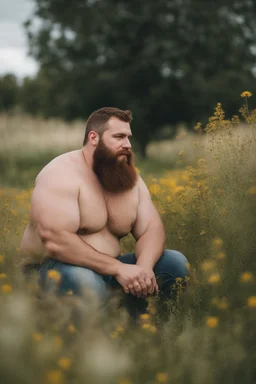 full figure photography, shy muscular big fat chubby, 35mm lens, burly italian man short hair, 29years old sitting in the meadow with a flower in a hand, near a big farm , red short beard, , hairy armpits, manly armpits, ugly, manly chest, hairy chest, big shoulders, , huge belly, manly chest, shirtless, with boxer, emotive eyes looking at camera, photorealistic ,sunlight , ambient occlusion, side view, poetic composition, golden ratio