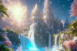  white and gold crystal cosmic ambiance，waterfall, full of details, smooth, bright sunshine，soft light atmosphere, light effect，vaporwave colorful, concept art, smooth, extremely sharp detail, finely tuned detail, ultra high definition, 8 k, unreal engine 5, ultra sharp focus