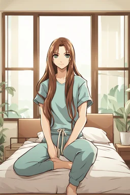 attractive anime woman with brunette long tied hair, t-shirt and sweatpants, full body in frame, bedroom setting