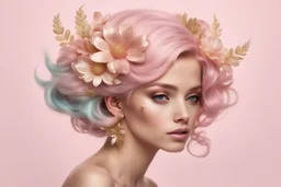 русалка, короткие волосы, а по бокам аксессуар виде цветов, палитра розово золотая, нежные пастельные цвета, красивая, нежная