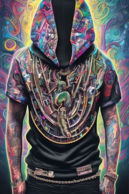 Cool black rapper with all the jewelery and tattoos, hoody and moves. Surrounded by an abstract backstreet graffiti vibe