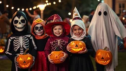 Halloween celebration, young children in disguises, fancy dress, scary masks, skeleton, ghost, trick-or-treat, fun, happy, excitement, carved-pumpkin-faces, spooky, night, award-winning photograph