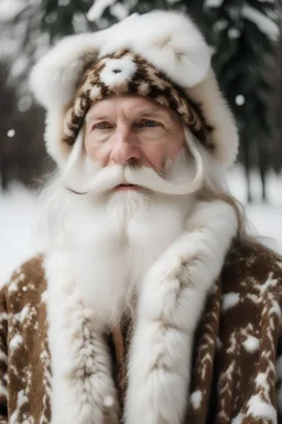 santa with white beard in leopard in snow