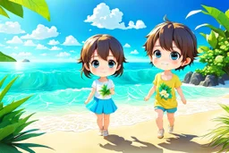 3d digital art of chibi young girl and boy enjoying sunshine on the beach, blue sky, happyness, nice azure sea, green plants, vibrant warm colors., detailed, cinematic, 3d anime