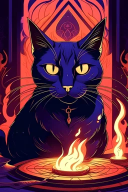 un gato negro con símbolos egipcios en la cara y ojos en llamas de color morado, en un ambiente con tonos morados