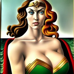 portrait of a beautiful busty wonder woman with green eyes by Sandro Botticelli style