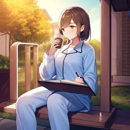 anime girl sitting on a porch swing of an old house, wearing pajamas, drinking a cup of coffee, writing in a book, its raining