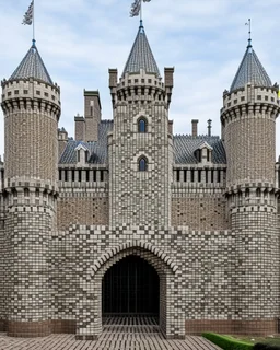 A light gray castle made out of bricks designed in medieval tapestry painted by Piet Mondrian
