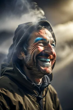 film grain for realism, portrait of hero laughing smoke rings at mountain top , lightening storm brewing,shot on Hasselblad h6d-400c, zeiss prime lens, bokeh like f/0.8, tilt-shift lens 8k, high detail, smooth render, down-light, unreal engine, prize winning