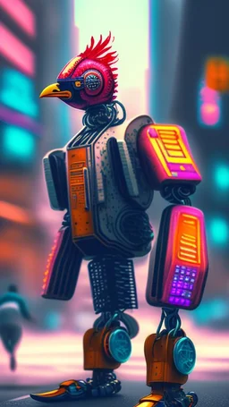 CHICKEN robot, sci-fi, cyberpunk, full body, ultra realistic, virtual reality, cyberpunk city and colors