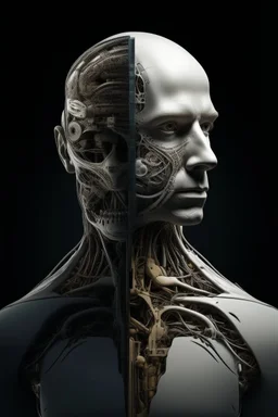 A creature half human half machine front view