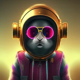 stylized Rabbit toddler, smiling, cyberpunk headphone, sunglass, gangsta gold neckless, full body, magenta puffer jacket, manila city backdrop, dramatic lighting, hyper realistic, unreal engine 5, 16k