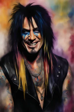 text "MOTLEY CRUE", head and shoulders portrait, Motley Crue Tommy Lee - well-shaped, perfect figure, perfect face, laughing, a multicolored, watercolor stained, wall in the background, professional quality digital photograph, 4k, 8k, 32k UHD, Hyper realistic, extremely colorful, vibrant, photorealistic, realistic, sharp, highly detailed, professional quality, beautiful, awesome, majestic, superb, trending on artstation, pleasing, lovely, Cinematic, gorgeous, Real, Life like, Highly detailed,