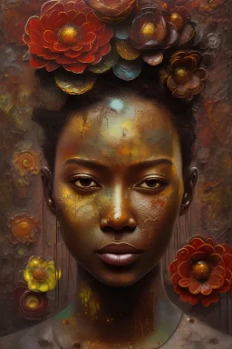 an abstract painting of rusted metal and flowers, african portrait, rust, scaffolding, iron cladding, decay, mixed media, textured, anatomically correct, beautiful perfect face, sharp focus, highly detailed