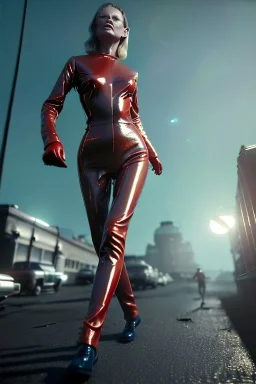 retro sci-fi press image from 1960, supermarket explosions, people running, sweet young Kate moss walking, tight latex suit, weapon, soft color, highly detailed, unreal engine 5, ray tracing, RTX, lumen lighting, ultra detail, volumetric lighting, 3d, finely drawn, high definition, high resolution.