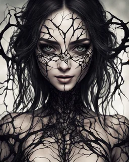 A girl her body began to undergo unimaginable transformations. The malice in her smile intensified, and her eyes took on a sinister gleam. Her skin turned translucent, revealing a network of black veins that extended like roots beneath her epidermis.