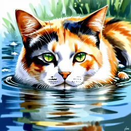 Golden ratio, ultra detailed watercolor painting, wet on wet painting, soft edges beautiful (((Masterpiece))) Create an image of a calico cat partially submerged in water, with its face and upper neck visible just above the surface. The cat has distinct patches of orange, black, and white fur, giving it a vibrant and colorful appearance. Its eyes are large and expressive, with a bright green hue that reflects the light filtering through the water. The background is a rich und
