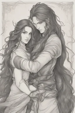 Dnd style, Young man hugging a woman with long hair from behind