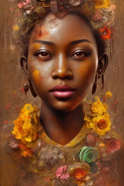 an abstract painting of rusted metal and flowers, african portrait, rust, scaffolding, iron cladding, decay, mixed media, textured, anatomically correct, beautiful perfect face, sharp focus, highly detailed