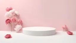 Mockup Empty White Podium With Floral Peonies Flower Pink And Red Falling On The Floor With Pink Pastel Background 3d Render
