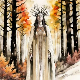 create an abstract expressionist ink wash and watercolor full body portrait of a pale female tribal druid priestess, with highly detailed, delicate feminine facial features, inhabiting an ethereal Northern forest of ancient hemlocks, in the comic book style of Jean Giraud Moebius, David Hoskins, and Enki Bilal, precisely drawn, boldly inked, with vibrant autumn forest colors