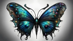 evil black opal iridescent pearlescent half butterfly half worm alien hybrid in the style of, gore, horror, eerie, dark fantasy; HDR, UHD, TXAA, Ralph Steadman, Seb Mckinnon, impressionism, dadaism, surrealism