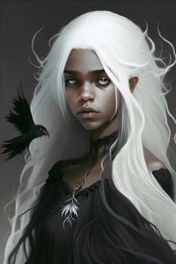 Young lady who is black witch and has black and littl lock white hair and great bower