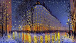 Winter night, lanterns, modern city, cars, alfred sisley impressionism painting