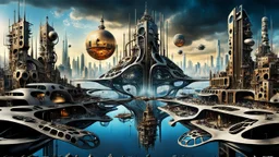 a stunningly weird image of a futuristic floating metropolis using Salvador Dali's paranoiac-critical method, where buildings and structures appear to melt into the skyline cityscape is filled with floating mad, twisted sharp metal shapes that interact with the buildings and each other, forming a surreal tableau of a dreamlike reality. neu-steampunk vibe, essence of the scene in a cinematic manner, with dramatic shadows that enhance the distorted perspectives and bizarre