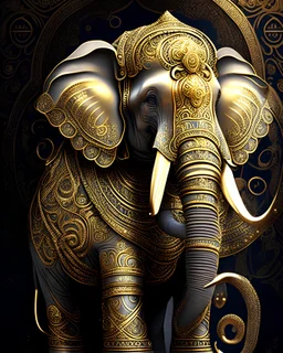 A benevolent celestial elephant, adorned with ornate golden armor and intricate patterns, symbolizing wisdom, strength, and good fortune in many cultures.