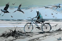 a long-legged lean black-grey monk with ((beak-shaped heads)) (wearing white khiton) riding a bike in front of a spider wreck on a radioactive beach, side view, acrylic painting, minimal art, centered, wild sparse brushstrokes, amazing verticals, great parallels, low bleak colors of gray, pale green, blue and black, excellent negative space contrasts