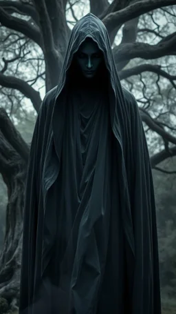 In a mesmerizing and ethereal manner, an otherworldly being emerges in the form of a translucent grey hood statue flowing smoky black robes. Forward facing a big tree in the background