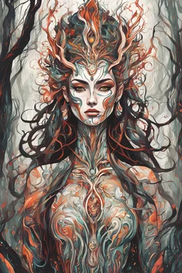 create an abstract expressionist full body illustration of a deeply spiritual, ethereal, darkly magical, druid priestess, with highly detailed and deeply cut facial features, searing lines and forceful strokes, precisely drawn, boldly inked, with rich striking forest tone colors