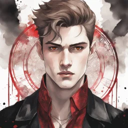 A portrait headshot of a confident looking young man with pale skin, (red eyes), and brown hair in a dark modern setting with intricate details. pop idol, He is wearing black and red casual clothes, an air of malevolent power surrounds him. watercolor splash art