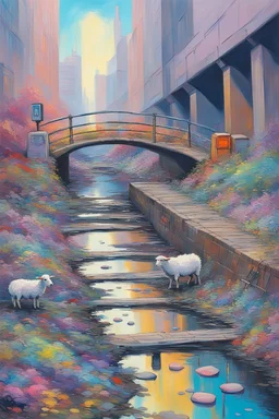 painting of a cyberpunk colourful natural walkway rubbish on the street in the city with pollution and a small bridge by a creek with electric sheep and androids by monet