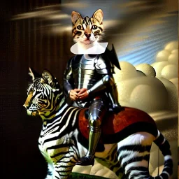 retrato de un gato con armadura montando una zebra con estilo de Rembrandt