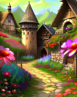 medieval fantasy village with flowers rpg art painterly