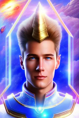 cosmic very young man from the future, one fine whole face, large cosmic forehead, crystalline skin, expressive blue eyes, blue hair, smiling lips, very nice smile, costume pleiadian,rainbow ufo Beautiful tall pleiadian Galactic commander, ship, perfect datailed golden galactic suit, high rank, long purple hair, hand whit five perfect detailed finger, amazing big green eyes, smilling mouth, high drfinition lips, cosmic happiness, bright colors, blue, pink, gold, jewels, realistic, real