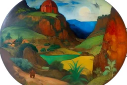 A brown X shaped prison on a planet painted by Paul Gauguin