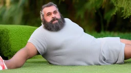 close up photography of a chubby sensual bearded marocan burly ugly stocky 65 years old , relaxing on the grass , in a garden, sunlight, manly chest with tank top, short pants, open legs, photorealistic, side view, ambient occlusion