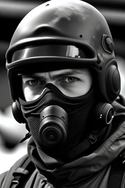 Soldier of SpermWatch in black and white uniform and balaclava wearing a helmet that has a little sperm decal on it