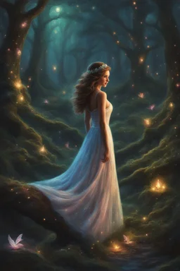 Painting of a dream girl in a fantasy forest, glitters in the forest background, haunted forest, digital painting, inspired by thomas kinkade, fantasy painting, dancing girl, song, fantasy art, fantasy girl, beautiful girl, beautiful face, young girl, beautiful painting, forest In the background, dark night, glitter in the background, fantasy forest, high quality, 4k